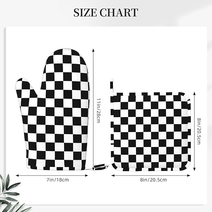 Black White Checkered Oven Mitts and Pot Holders Sets of 4, Heat Resistant Silicone Oven Mittens and Potholders Gloves Hot Pads for Kitchen Cooking Baking Grilling BBQ Chef