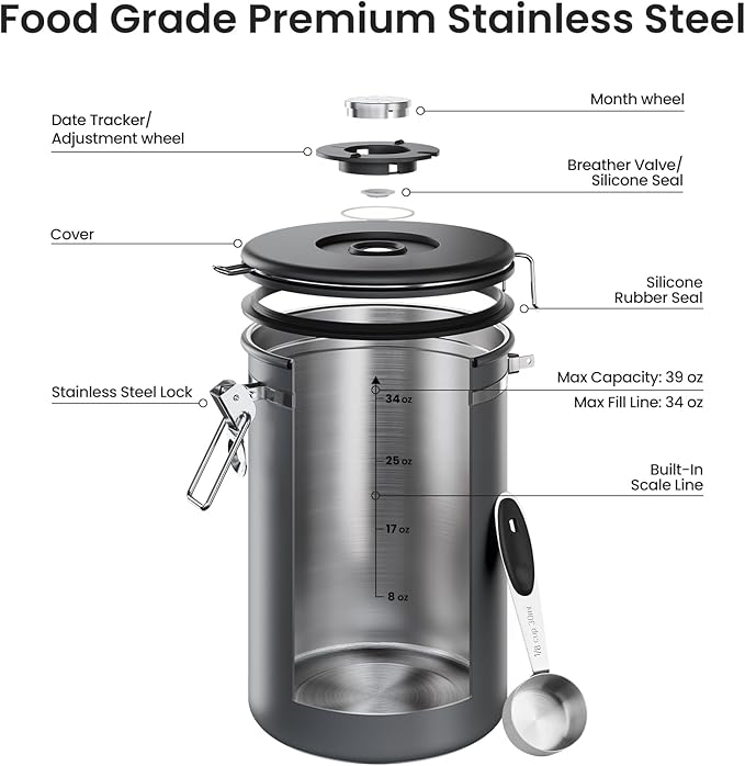 Veken Coffee Canister, 39OZ Large, Airtight Stainless Steel Food Storage Container for 2.2lbs Coffee Beans,Ground, Sugar,Espresso,Rice,Tea,Flour, Cereal,Home Kitchen Pantry Bar Accessories, Gifts,Gray