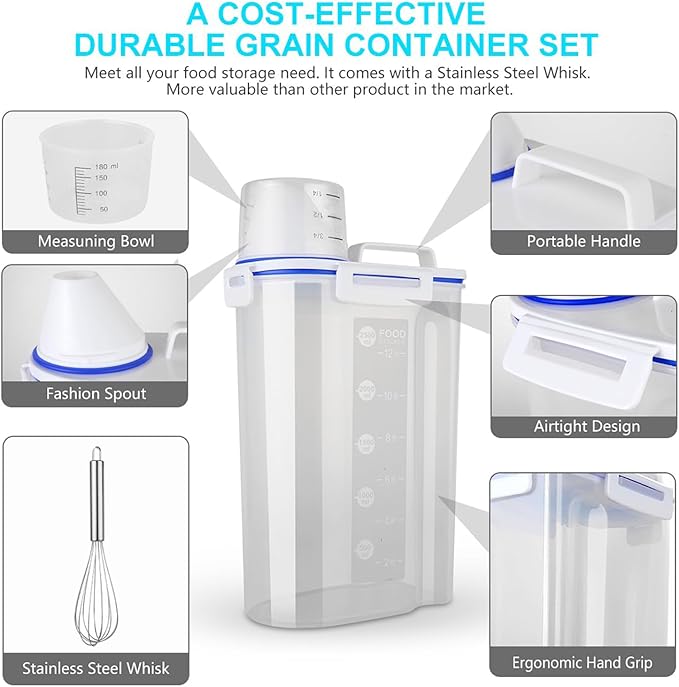 Uppetly Rice Airtight Dry Food Storage Containers, BPA Free Plastic Sealed Holder Bin Dispenser with Pouring Spout, Measuring Cup for Cereal, Flour and Oatmeal, Include a Stainless Steel Whisk