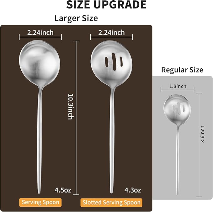 O.C.E. 4 Pieces Serving Spoons Set, 10.3-Inch Large Serving Spoon, Including 2 Spoon and 2 Slotted Spoons, Stainless Steel Flatware Serving Set, for Buffet, Banquet or Gift, Matte Silver