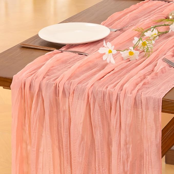Socomi 2pcs Coral Peach Easter Spring Cheesecloth Table Runner Boho Rustic Gauze 120 inch 10FT Cheese Cloth Runner for Wedding Party Baby Shower Birthday Home Decor Holiday Decorations