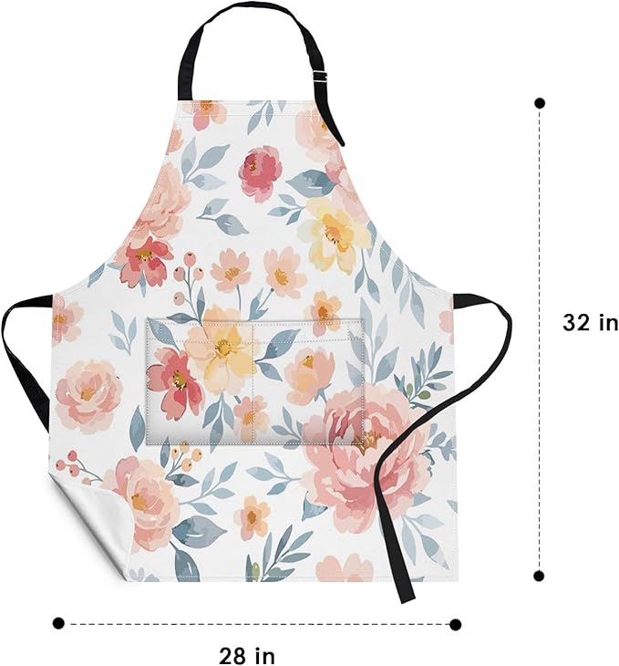 Britimes Apron Home Kitchen Cooking Baking Gardening for Women Men With Pockets Romantic Floral Flower Rose Pink 32x28 inch