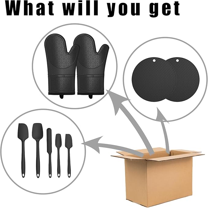Oven Mitts with Heat-Resistant Hot Pads and Five Silicone Spatulas Designed for Kitchen Baking Cooking, Oven Glove Soft Cotton Lining, Waterproof, BPA-Free (Black)