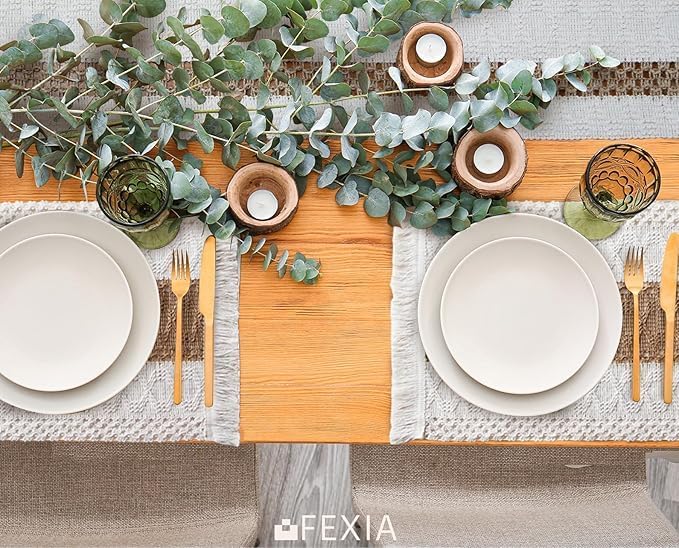 FEXIA Boho Placemats Set of 6, Macrame Table Decor Farmhouse Style Placemats in Natural Cotton Burlap, for Kitchen and Dining Table Centerpiece Home Decorations（Beige & Brown）