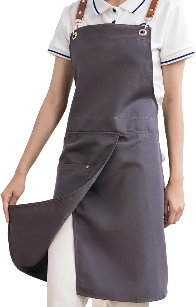 KITCHIEF Pottery Apron Split Leg,Cross Back Chef Apron with Pockets,Painting Apron with Adjustable Straps for Cooking,Baking,BBQ,Ceramic,Gardening(Gray)