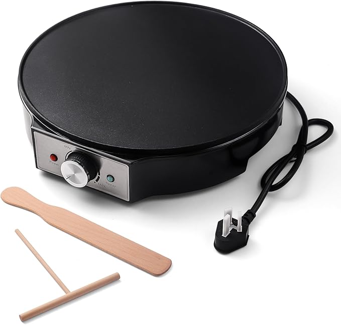 UVFAST Electric Crepe Maker 12'' & Griddle - Non-Stick Pan With Spreader for Roti, Tortilla, Blintzes, Pancakes - Adjustable Temperature, 1000W