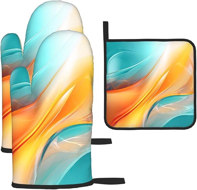 Turquoise Orange Abstract Art Oven Mitts & Pot Holders Sets of 3, Heat Resistant Teal Burnt Orange Modern Kitchen Gloves and Hot Pads for Kitchen Cooking Grilling, Baking Gifts for Women, Home Decor