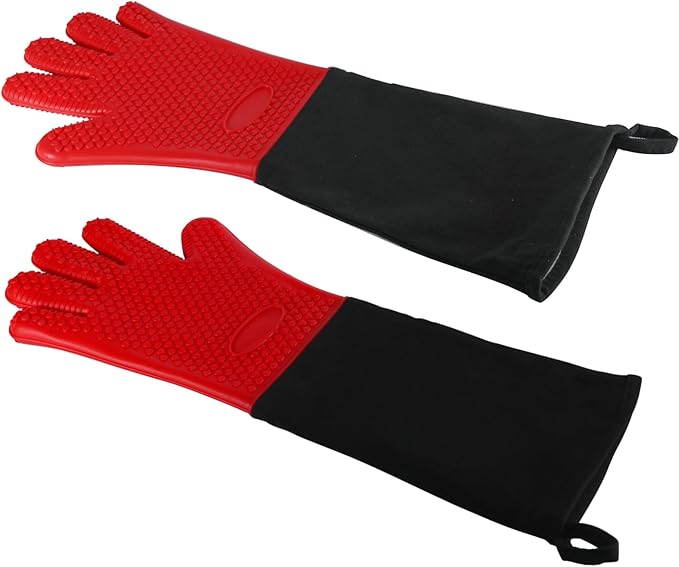 1 Pair Extra Long Professional Oven Mitts, Non-Slip Silicone Grip Heat Resistant,19.7" Length,Up to 572℉ for BBQ Cooking Baking Grilling (Red)