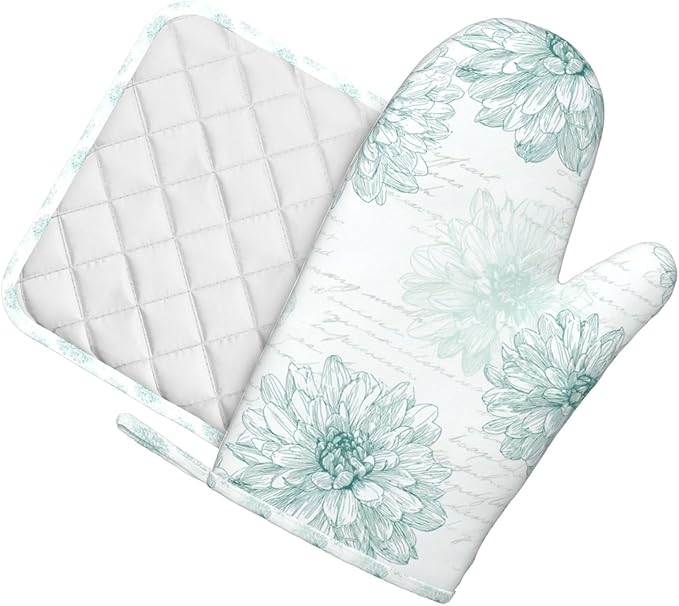 Oven Mitts and Pot Holders Flower Dahlia Line Art Vintage Silicone Kitchen Accessories Set of 2 Heat Resistant Long Gloves Potholder Non-Slip Grip for Chef Cooking,Baking,Grilling,BBQ