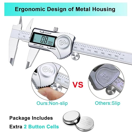 Kynup Digital Caliper, Caliper Measuring Tool Outside Micrometer, Vernier Dial Caliper, 6 Inch Caliper DIY Tool, Stainless Steel, IP54 Splash Proof, Inch Metric Fraction Switch, Large LCD Screen