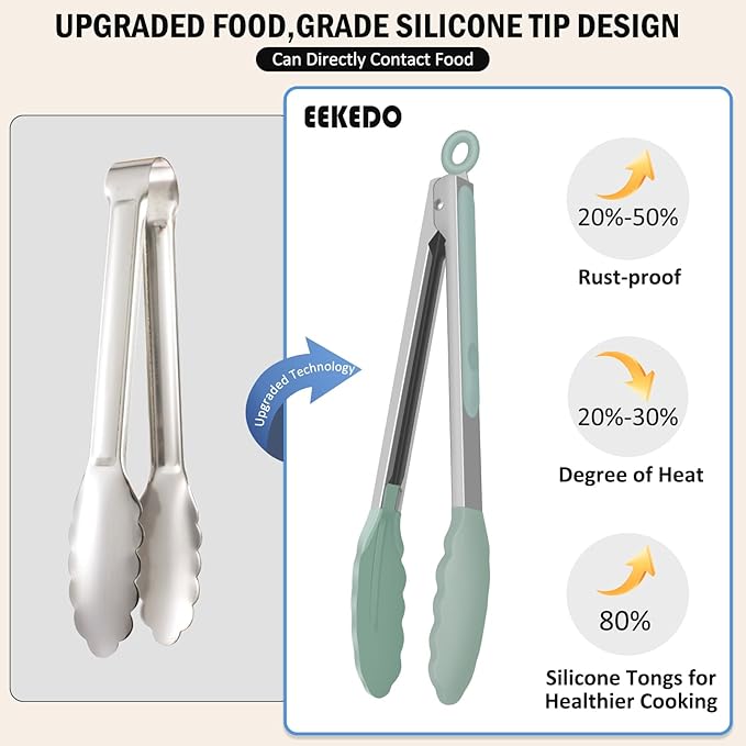 Kitchen Tongs, Stainless Steel Cooking Tongs with Silicone Tips, 600ºF High Heat-Resistant Non Scratch Locking Tongs for Cooking BBQ Grilling Air Fryer Pans, Set of 3 (7" 9" and 12") Sage Green
