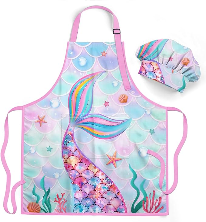 SANDJEST Kids Apron with Chefs Hat Set, Kitchen Apron Gifts