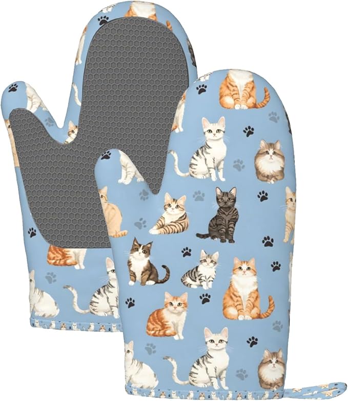 Cat Blue Silicone Oven Mitts Set of 2, Heat Resistant up to 500°F, Kitchen Oven Gloves with Non-Slip Grip and Soft Cotton Lining for Baking, Cooking and BBQ