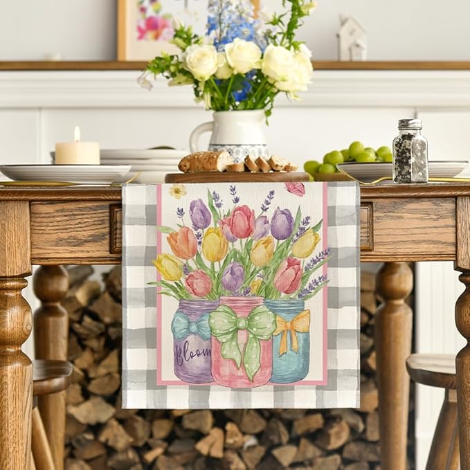 Artoid Mode Buffalo Plaid Vase Lavender Tulip Spring Table Runner, Seasonal Kitchen Dining Table Decoration for Home Party Decor 13x72 Inch