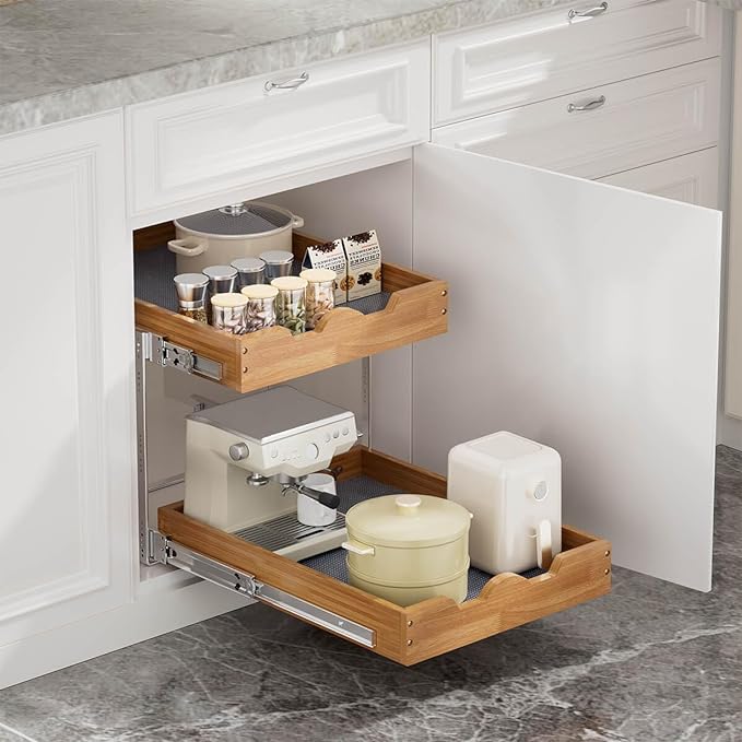 OCG 2 Tier Pull Out Cabinet Organizer (20"W x 21"D), Heavy-Duty Slide out Wood Drawer Shelf, Pull Out Drawer for Cabinets, Base Cabinet Organization for Kitchen, Pantry, Bathroom
