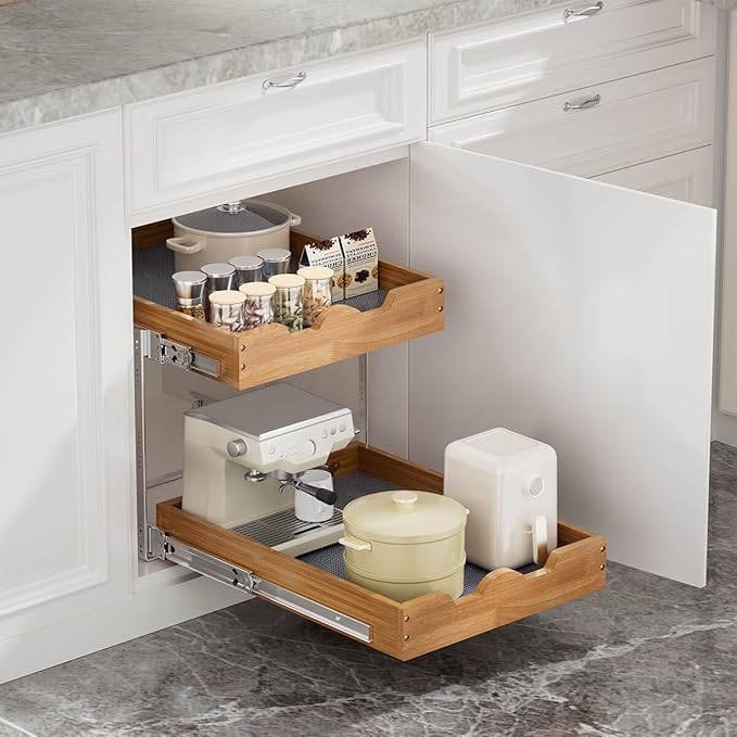 OCG 2 Tier Pull Out Cabinet Organizer (17"W x 21"D), Double Tier Slide out Wood Drawer Shelf, Pull Out Shelves for Base Cabinet Organization in Kitchen, Pantry, Bathroom