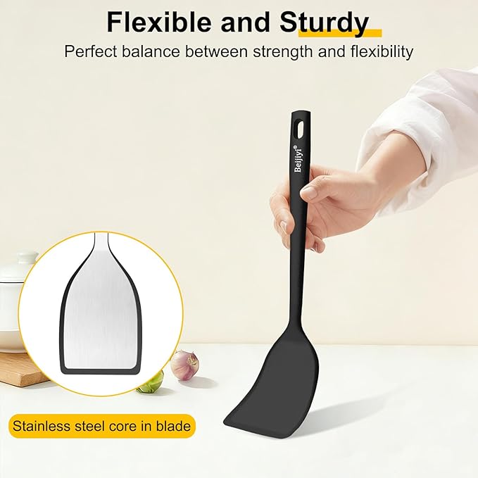 Beijiyi Silicone Spatula Set of 4, 600°F Heat Resistant, BPA Free Kitchen Spatula and Spoons for Nonstick Cookware, Solid & Slotted Turner Cooking Utensils for Serving, Flipping Egg, Pancakes (Black)