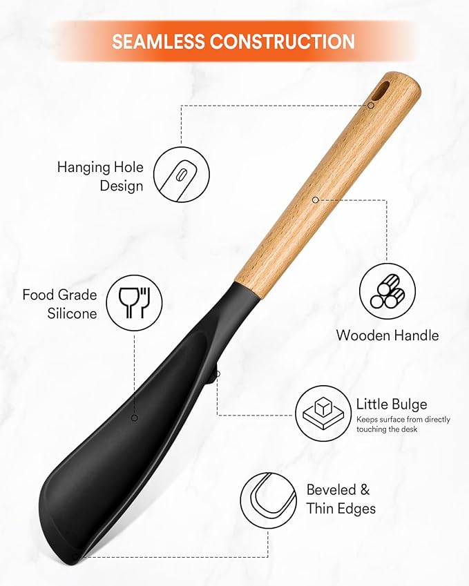 Cooking Spoon for Nonstick Cookwares, Great for Cooking and Serving Sturdy BPA-Free Matte Silicone, Wood Handle Spoon for Mixing, Scoop, and Scrape (2 Pack of Black, 13.4 inch)