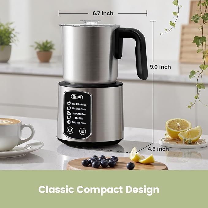 Gevi Milk Frother,5 in 1 Stainless Steel Professional Milk Steamer，Easy to Clean Hot Chocolate Maker,for Hot and Cold Milk Frother for Latte,Macchiato,Cappuccino and Hot Chocolate