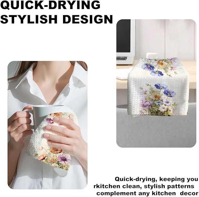 3 Pcs Vintage Floral Kitchen Towels, Vibrant Decorative Absorbent Microfiber Dish Cloth Tea Towel, Durable Waffle Hand Towels for Farmhouse Home Bathroom, Housewarming Gifts for Women