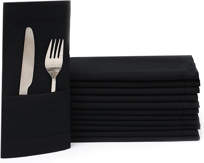 Hemstitched Cotton Napkins - Set of 12, 18x18 Inch - Black, Perfect for Christmas Dinner or Everyday Use
