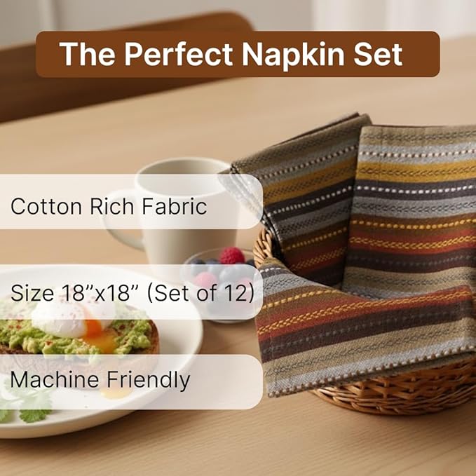LFH Home Cotton Rich Cloth Salsa Napkin Set of 24 Washable Soft Durable Striped Table Napkins for Dining Wedding, Daily Use Reusable Eco-Friendly Napkins for Elegant Table Settings(18x18)- Brown