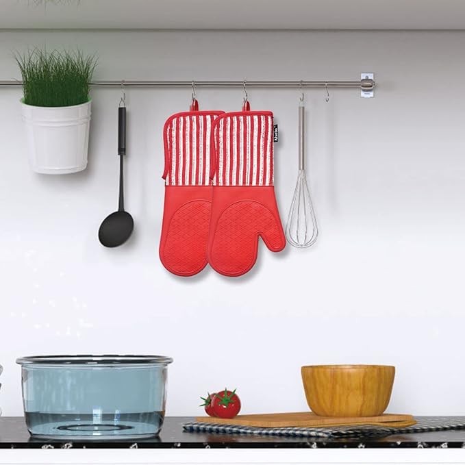 Alselo Silicone Oven Mitts Heat Resistant 932℉ with Waterproof & Non-Slip Kitchen Mittens, Set of 2 Extra Long Oven Gloves with Soft Cotton Terry Lining for Baking Cooking Barbecue (2, Red Mitts)