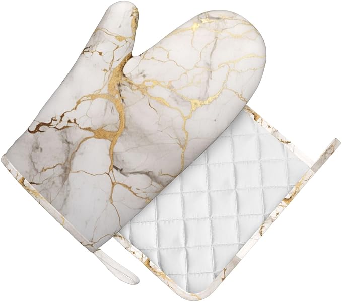Oven Mitts and Pot Holders Marble Gray Gold White Silicone Kitchen Accessories Set of 2 Heat Resistant Long Gloves Potholder Non-Slip Grip for Chef Cooking,Baking,Grilling,BBQ