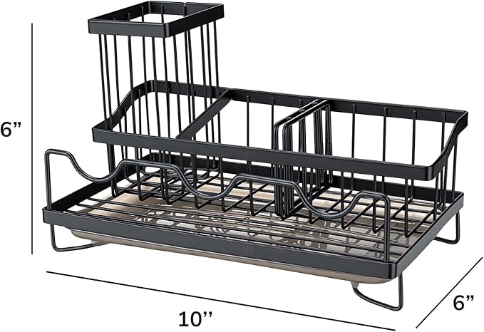 Sink Caddy & Organizer with Drain Tray, Countertop Holder for Sponges, Dishwashing Liquid, Long Handle Scrubber Compartment - Black