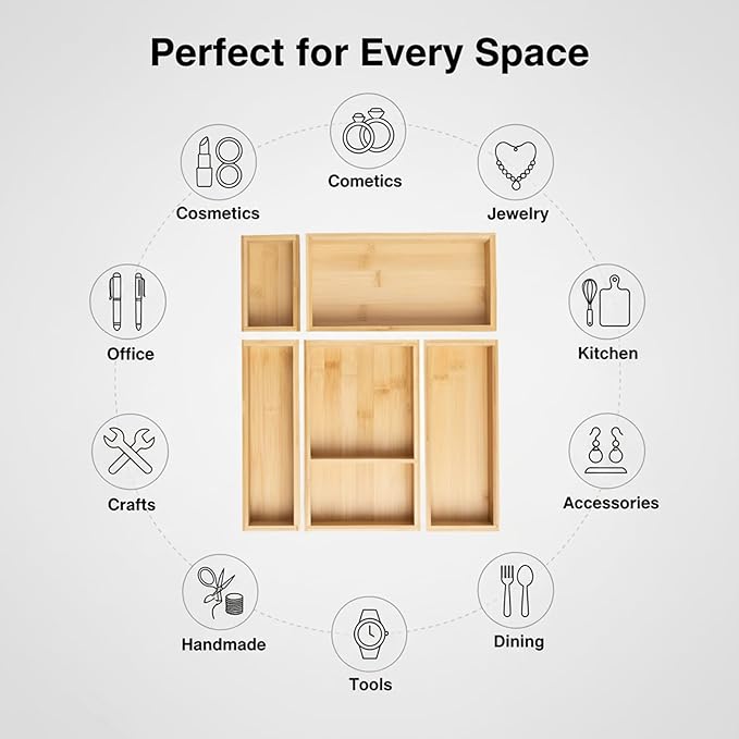 Bamboo Desk Organizer, Utensil Holder Storage Box, Wood Drawer Organizer Set for Kitchen, Bathroom, Office Desk, Makeup, Utensils, Jewelry