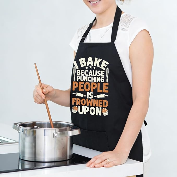 Black Baking Aprons for Women, Adjustable Cooking Baking Kitchen Aprons for Mom Chef with Pockets