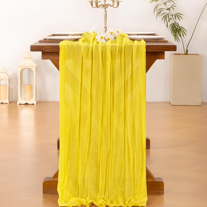 Socomi 2pcs Yellow Spring Cheesecloth Table Runner Boho Rustic Gauze 120 inch 10FT Cheese Cloth Runner for Wedding Party Baby Shower Birthday Home Decor