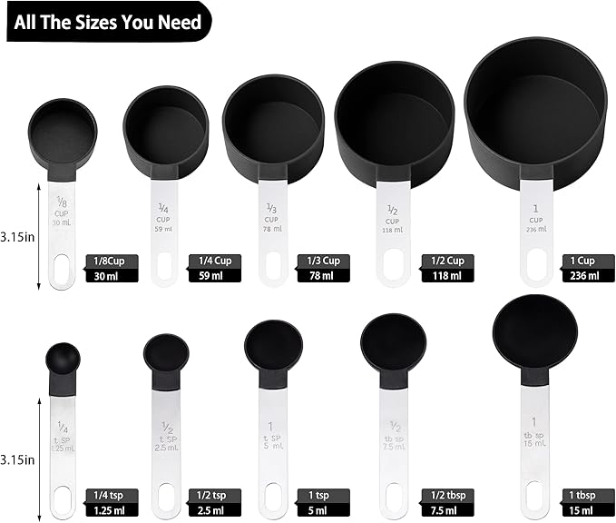Measuring Cups and Spoons Set of Huygens Kitchen Gadgets 10 Pieces, Stackable Stainless Steel Handle Measuring Cups for Measuring Dry and Liquid Ingredient (Black)