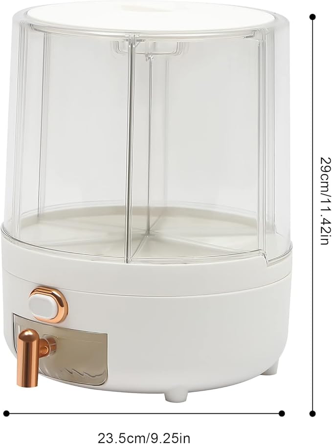 Cereal Dispenser Countertop 360° Rotating Grain Storage Container 13.2-27.56 Lbs Rice Dispenser 6 Grids Dry Food Dispenser Candy Dispensers for Grains, Beans, Rice (White+Clear, 14.33Lbs)
