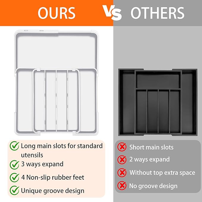 Spaclear Silverware Organizer - Expandable Kitchen Drawer Organizer, BPA-Free Food-Safe Utensil Drawer Organizer with 7 Compartments, Deep Cutlery Tray for Forks, Knives, White