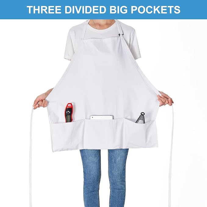 Jubatus 2 Pack 3 Pockets 100% Cotton Adjustable Bib Apron Chef Kitchen Cooking Aprons for Women Men, White