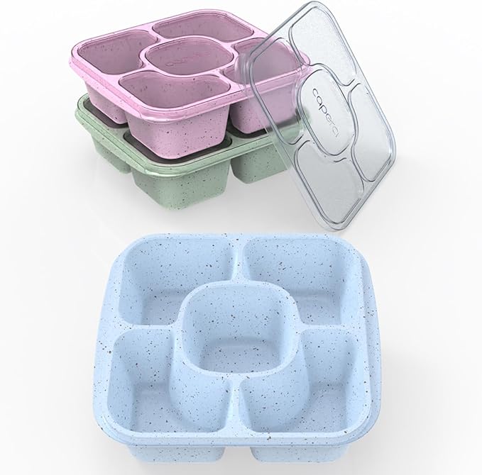Caperci Original Snack Containers for Kids & Adults - Reusable Lunchable Container with 5 Compartment - BPA-Free Bento Snack Boxes for Food Storage & Meal Prep, Wheat Straw, Set of 3 (Brights)
