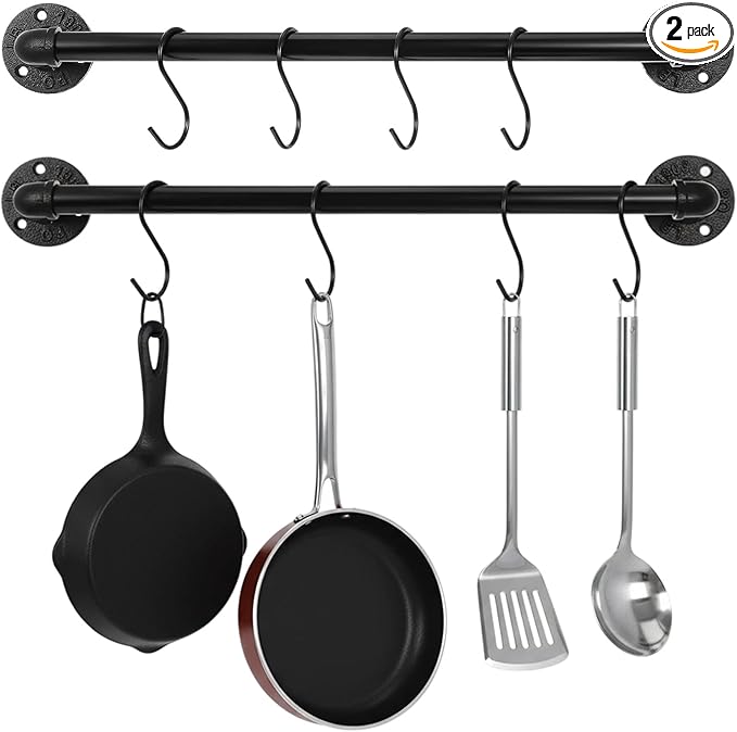 2 Pcs 21 Inch Wall Mounted Pot Rack, Black Iron Industrial Pipe Pan Hanger with 10 Hooks, Kitchen Utensil Organizer and Storage Solution for Pots, Pans and Lids