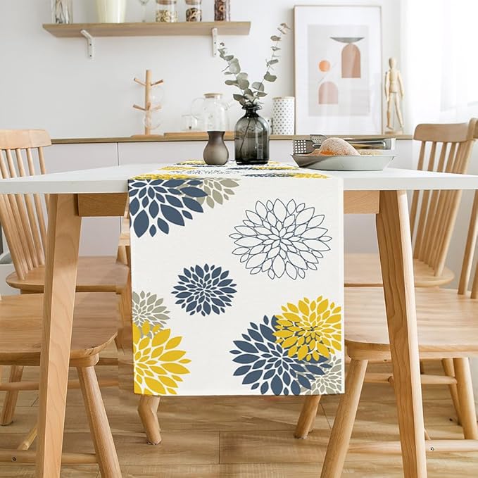 Blue Yellow Gray Table Runner Dahlia Pinnata Flower Beige Table Runners Modern Elegant Pompon Farmhouse Geometric Coffee Table Center Decor for Home Kitchen Dining Party 13 x 108 Inch