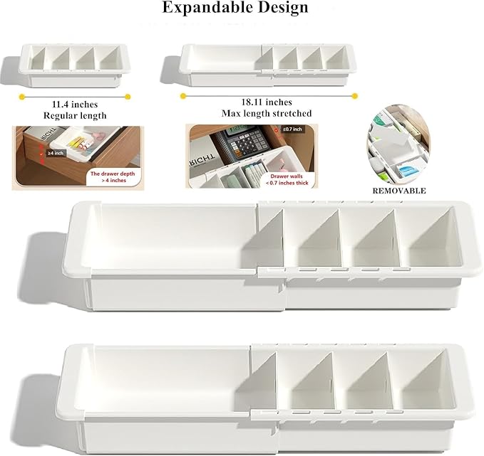 EooUooIP Sliding Drawer Tray with Adjustable Dividers, Expandable Kitchen Storage Organizer, Sliding Drawer Bin, Expandable Drawer Organizer, 2 PCS Drawer Organizer Trays For Utensils, Flatware, Junks