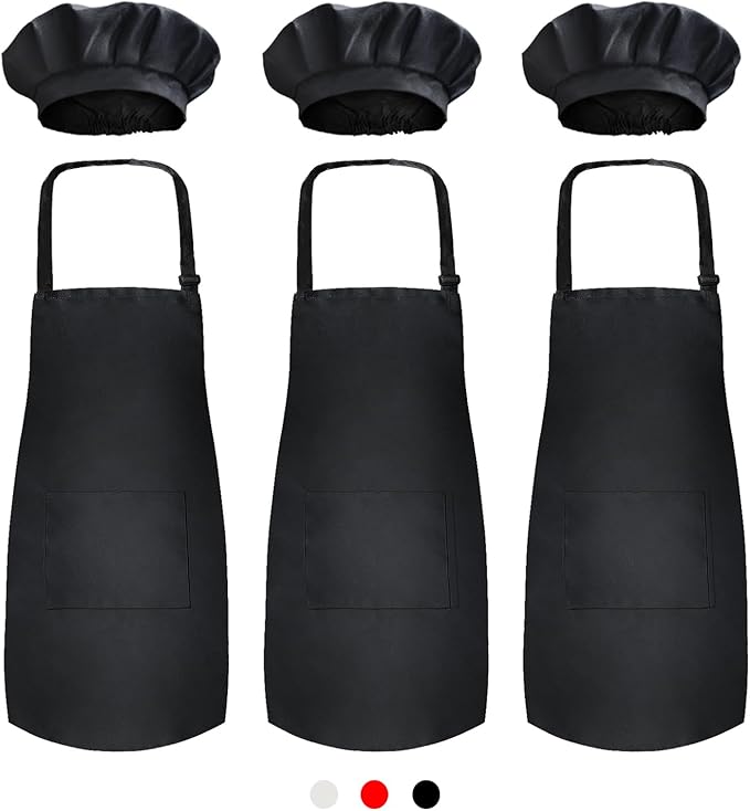 Novelty Place Kid's Apron with Chef Hat Set (3 Set) - Skin-friendly Children’s Bib with Pocket - Cooking, Baking, Painting, Training Wear - Kid's Size (6-12 Year, Black)