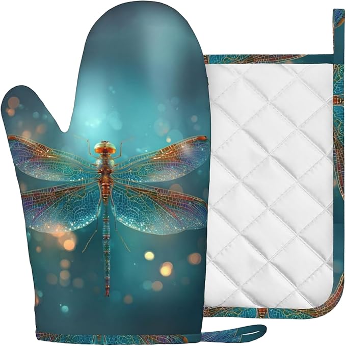 Fantasy Green Dragonfly Oven Mitt and Pot Holder with Silicone Heat Resistant Kitchen for Cooking BBQ Baking Grilling Cooking Protection