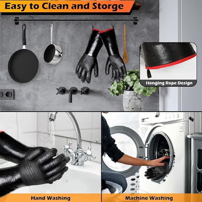 2 PCS BBQ Gloves - 1472°F Thicken Heat Gloves W/S-Hook 14 in Kitchen Oven Mitts Black Neoprene Waterproof Grill Gloves