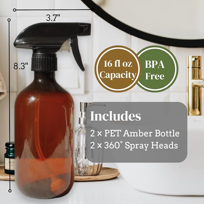 360° Spray Bottle 16oz (2 Pack) | Upside Down Spray Bottles | All Purpose Plastic Amber Spray Bottles