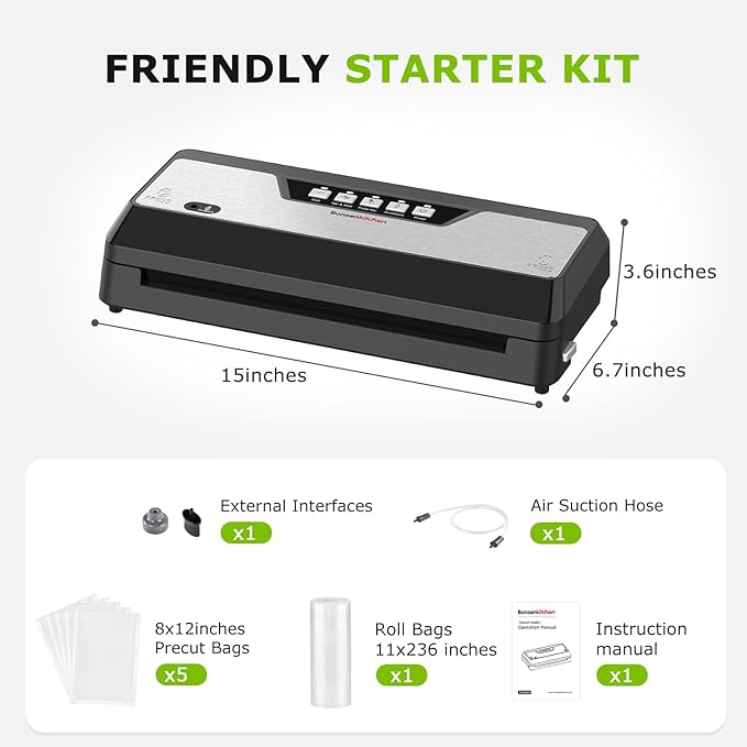 Bonsenkitchen Vacuum Sealer, Multi-Functional Food Sealer with 1 Roll Bag+ 5 Bags, Fast-Compact Design | Bag Storage | Built-in Cutter, External Vacuum System & Accessory Tube, Silver