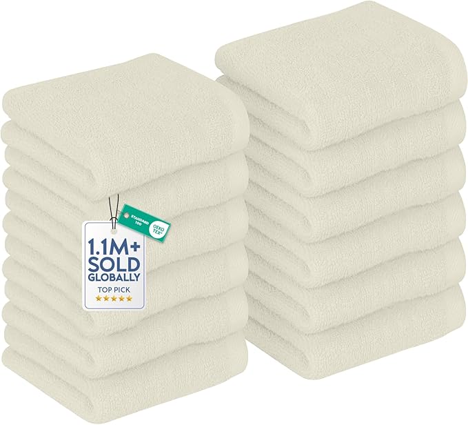DAN RIVER 12 Pack Wash Cloths for Showering [12x12] - 100% Cotton Washcloths Premium Quality Flannel Face Cloths for Bathroom, Highly Absorbent and Soft Feel Wash Clothes, Ivory