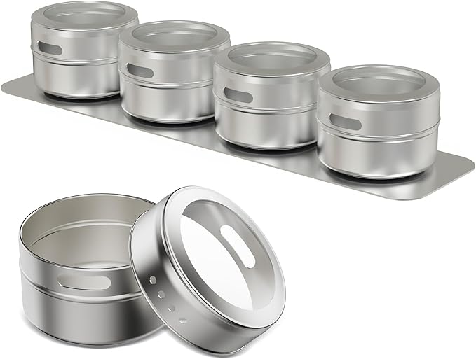 Vetacsion Set of 16 Magnetic Spice Tins with 4 Metal Wall-Plates,100 Preprinted Seasoning Label Stickers,2 Styles for 3 oz Herb Jars