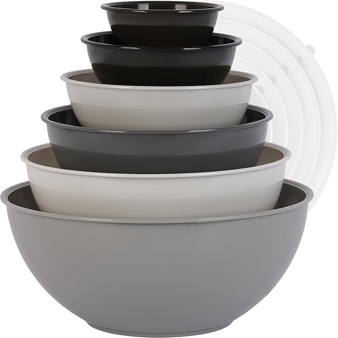 BoxedHome BPA Free Plastic Round Mixing Bowl with Lids, 12 Pack Nesting Bowls with Lids Set, Microwave and Dishwasher Safe Prep & Serving Bowls Great for Mixing, Baking, Serving (Grey, 12pcs)