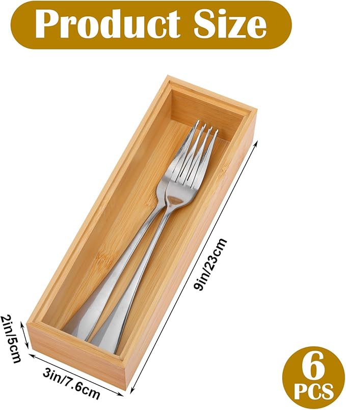 6 Pieces Bamboo Drawer Organizer, Stackable Wooden Storage Boxes for Kitchen Utensils, Silverware Tray, Junk Drawer, Dresser, Bathroom, 9 x 3 x 2 Inch