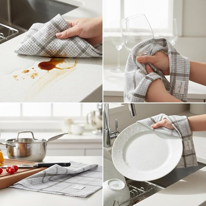 Urban Villa Kitchen Towels 100% Cotton Dish Towels for Kitchen (Set of 6) 20”x30” Dish Cloths Absorbent Kitchen Linen Set with Hanging Loop Perfect for Drying Dishes Cleaning – Tiny Check